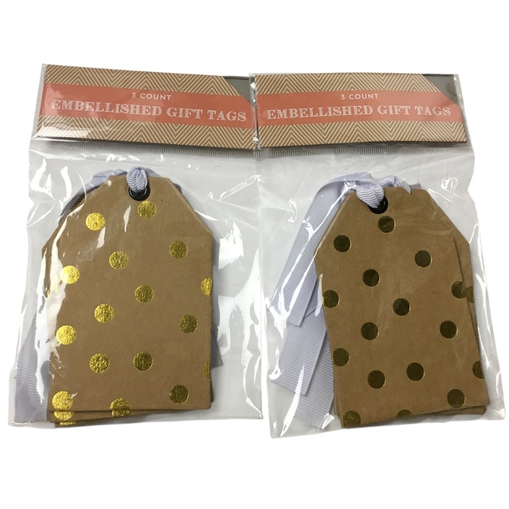 GIFT TAGS Gold Dot Metallic Kraft Chip Board Ribbon Strings 6 Total Die Cut NWT